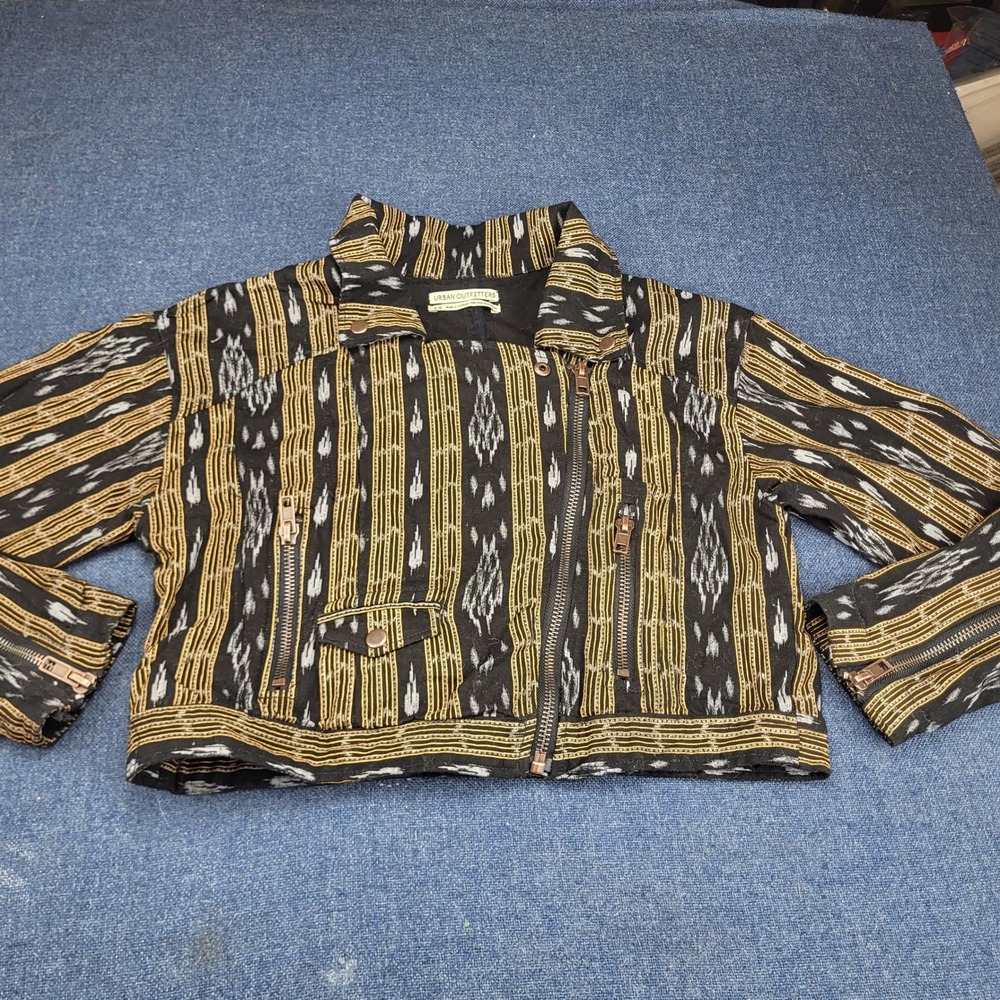Urban Outfitters Ikat Stripe Cotton Moto Jacket Black Gold Cropped Large AOP